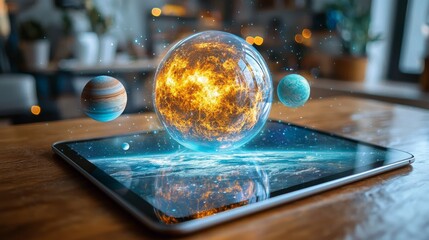 Tablet on classroom desk displays an augmented reality hologram with planets and cosmos, illustrating the use of AR technology for engaging and interactive learning experiences.