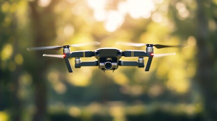 Drone in Flight Against a Blurry Background of Trees