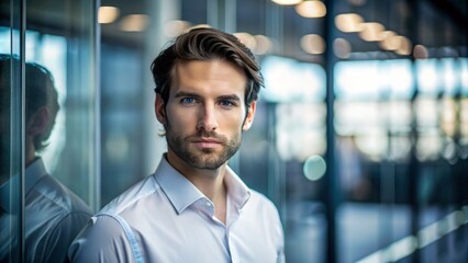 Fototapeta premium Minimalist Professional Caucasian Man Standing Near Glass Wall Looking Away Serious Moody Low-Key Lighting Shallow Focus Blurred Background Corporate Gritty