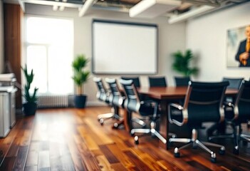 Defocused office background of a Board room with rustic wooden flooring, ai