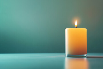 Single candle burning on table with teal background representing holidays like christmas and diwali