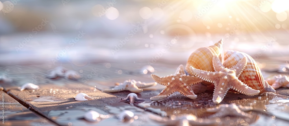 Poster Table background with sea shells or starfish representing a summer theme ideal for texts with a copy space image