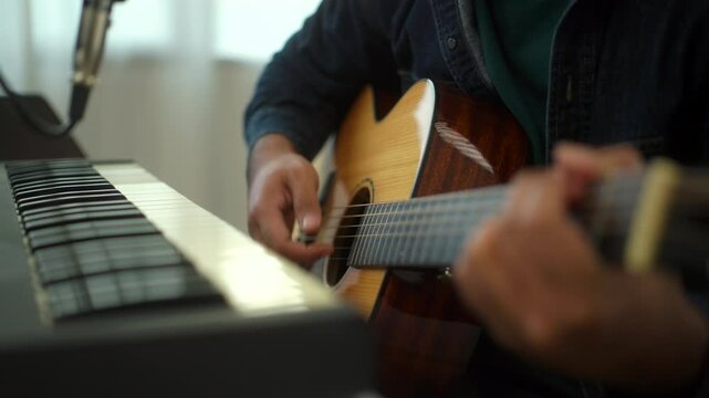Close up hand of young asian musician enjoy playing guitar and singing a song using music instrument in digital recording studio, composer man mastering music audio for soundtrack with piano keyboard.