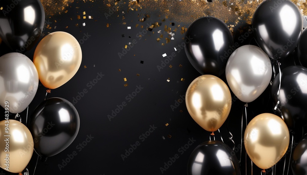 Wall mural black and silver balloons with gold confetti on black background