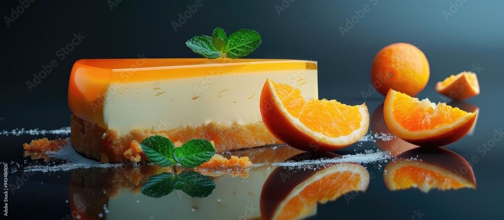Poster detailed closeup image of a sliced orange dessert with ripe orange fruit garnish with copy space ima