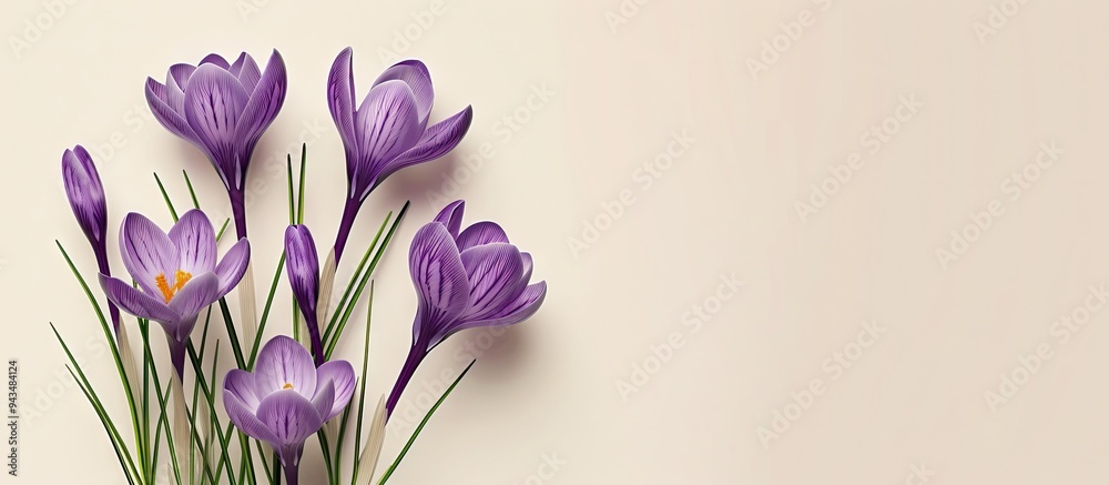 Poster Crocus flowers beautifully displayed on a beige backdrop with copy space image