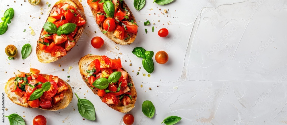 Poster top down view of cheesy bruschetta with tomatoes and basil on a white tiled surface allowing for cop
