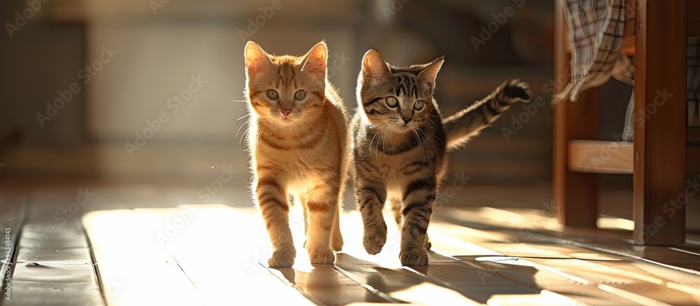 Poster Two felines strolling indoors with a copy space image