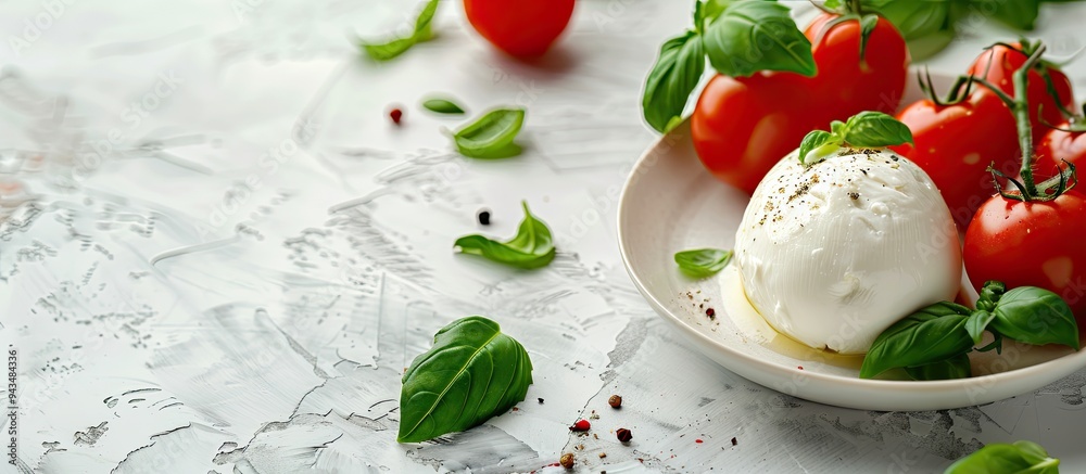 Poster Close up photo of tasty burrata cheese tomatoes and basil on a bright table with copy space image available