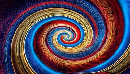 psychedelic swirl in blue red and gold an abstract fractal work with an optically challenging spiral design in blue red and gold