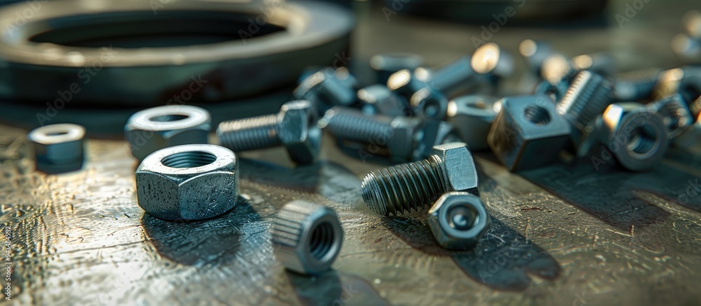 Poster bolts and nuts laid out on a desk with available copy space image