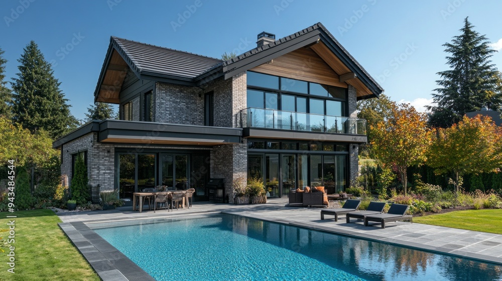 Poster a large house with a pool and a patio