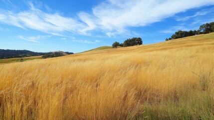Fototapeta premium A meadow of tall grasses, turned golden by autumn, under a wide, open sky.