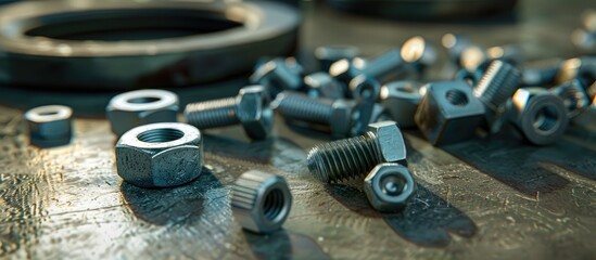 Bolts and nuts laid out on a desk with available copy space image