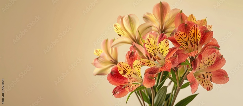 Aufkleber Alstroemeria flowers arranged in a vase against a soft beige backdrop with room for text in the image. Creative banner. Copyspace image