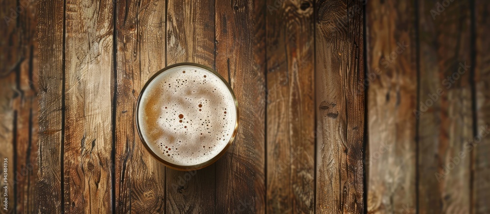 Poster top view of a teku glass with beer on a wooden table featuring copy space for images