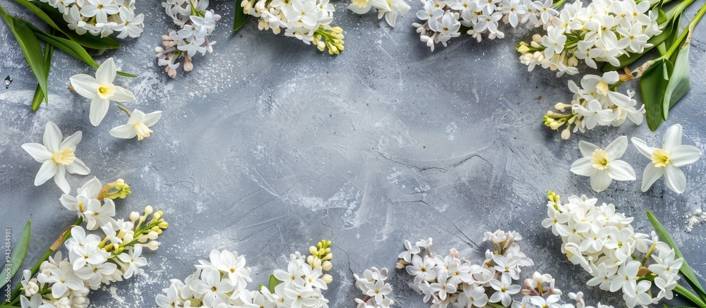 Poster A floral frame with white lilac and daffodils arranged on a gray surface featuring an empty area in the center for text perfect for a flat lay image with space for copy