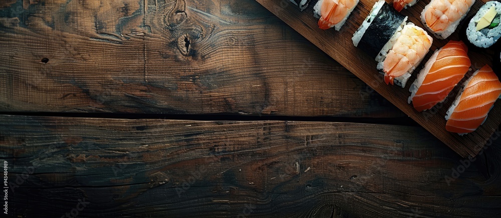 Poster overhead view of classic japanese sushi including a copy space image