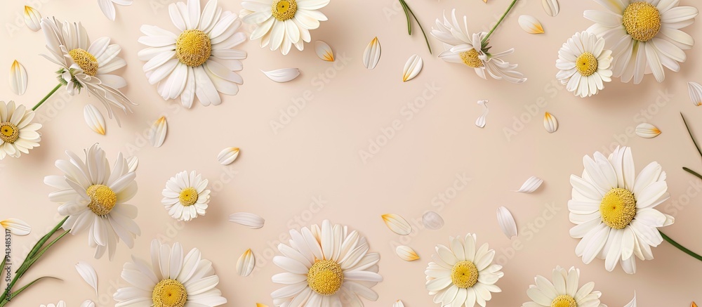 Aufkleber Circular frame of chamomile daisies on a light beige background with room for text or images ideal for creating a summer themed design. Creative banner. Copyspace image