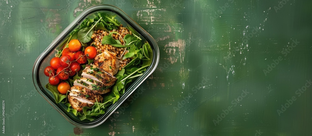 Poster Glass container with a fresh salad chicken and buckwheat on a green background viewed from above leaving room for text in the image. Creative banner. Copyspace image
