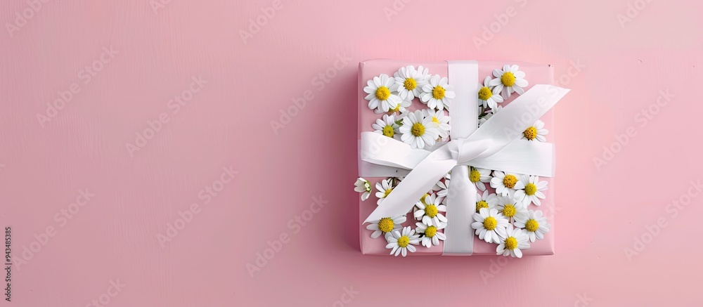 Sticker top view of a gift box with a white ribbon adorned with chamomile flowers against a pink pastel back