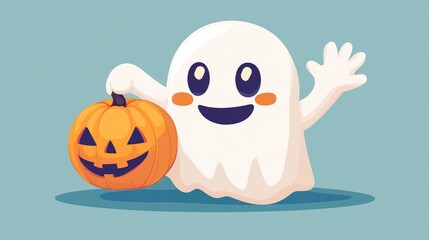 Friendly ghost waving hello, holding a Halloween pumpkin, flat design, front view, Halloween theme, cartoon drawing, Complementary Color Scheme