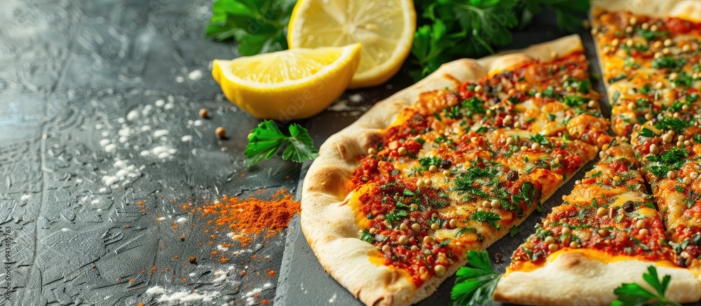 Aufkleber detailed shot of turkish lahmacun flatbread garnished with spices lemons and parsley against a plain