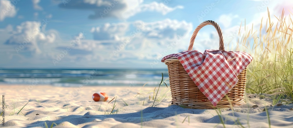 Fototapete sunny beach setting with an empty summer picnic basket and copy space image for products creating a 