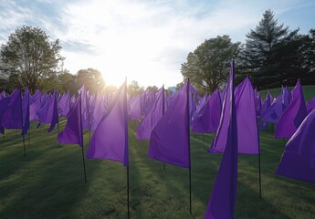 Celebrating state championship victory with purple flags on the lawn at Thomas AREC on International Overdose Awareness Day