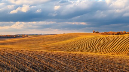 Fototapeta premium A rural landscape with fields of golden crops, under an expansive autumn sky.