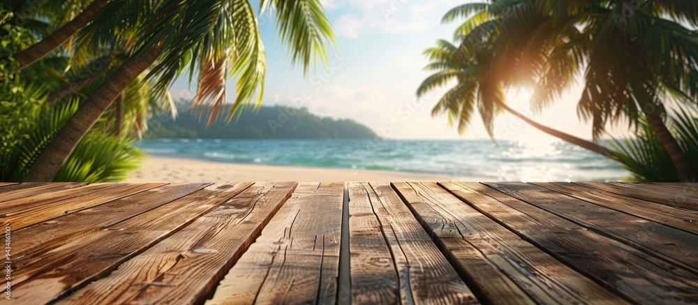 Poster A wooden table set against a blurred summer beach with palm trees creating a scenic backdrop for showcasing summer products with copy space image