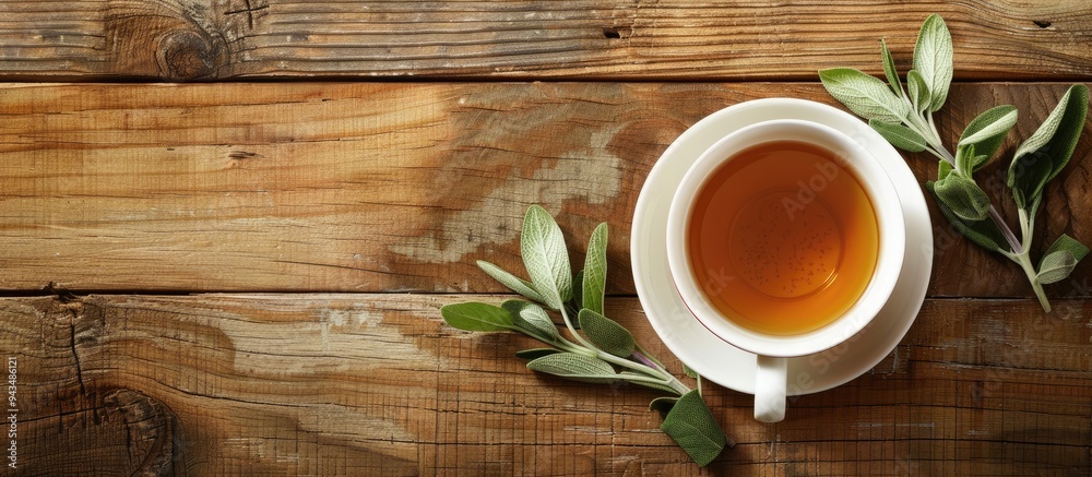 Poster top view of an herb infused tea in a cup alongside sage on a wooden table providing ample copy space