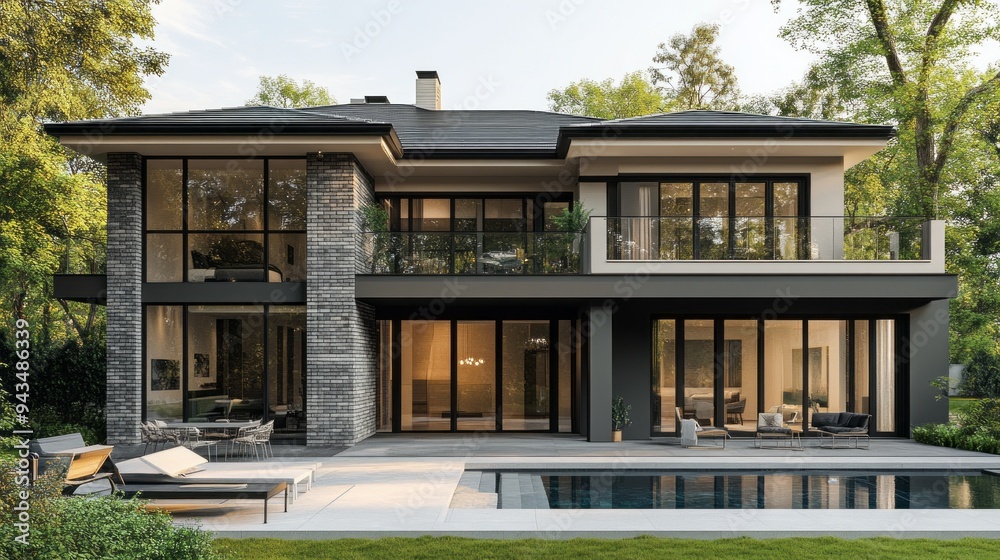 Poster a large house with a pool and a patio