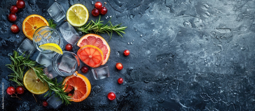 Poster Gin and tonic cocktail with ice rosemary and grapefruit on a stone table surrounded by citrus fruits with copy space image
