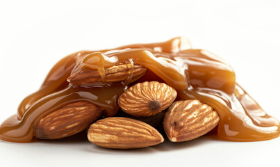 Close-up of almonds in caramel.
almond in melted caramel isolated on white background.