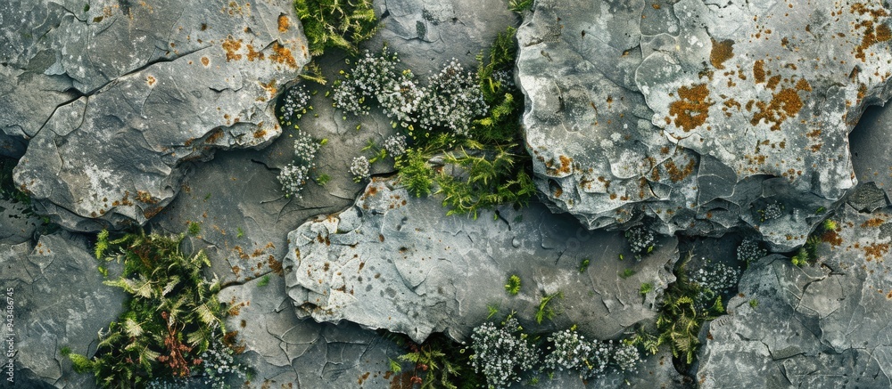 Poster Close up view from above showing the detailed texture of stone with moss and lichen ideal for a wallpaper with copy space image