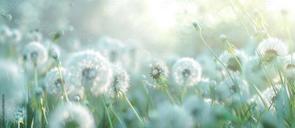 Aufkleber selective focus enhances the beauty of a serene spring scene with lovely white dandelions against a 