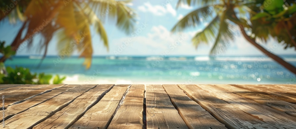 Aufkleber Wooden table featuring a sunny tropical beach background blurred to enhance focus ideal for showcasing summer products and presentations with copy space image