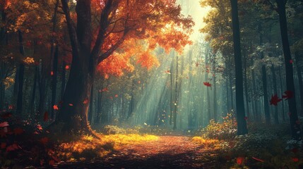 A tranquil autumn forest with light filtering through the colorful canopy, reaching the forest floor.
