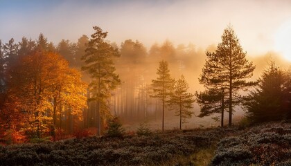 Fototapeta premium beautiful forest in autumn fog glowing in the warm light of the rising sun