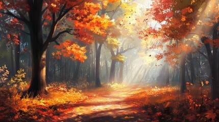 A tranquil autumn forest with light filtering through the colorful canopy, reaching the forest floor.