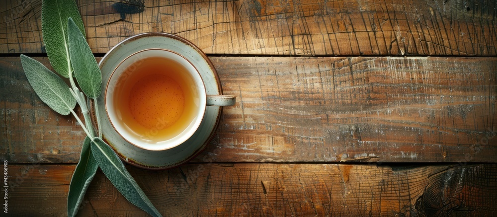 Poster top view of an herb infused tea in a cup alongside sage on a wooden table providing ample copy space