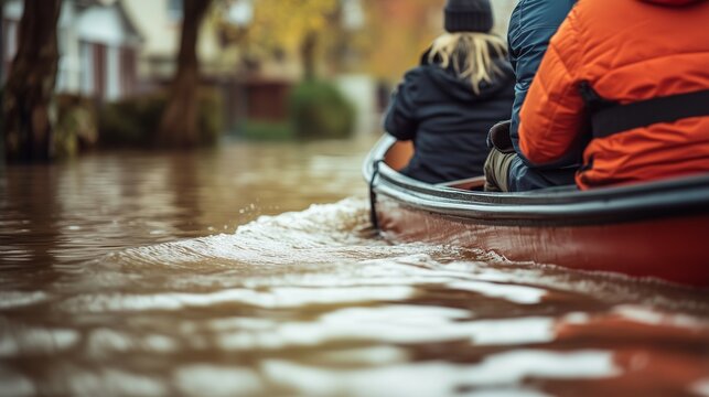 People on boat during urban flooding after heavy rainfall hurricane , Rescue operation concept