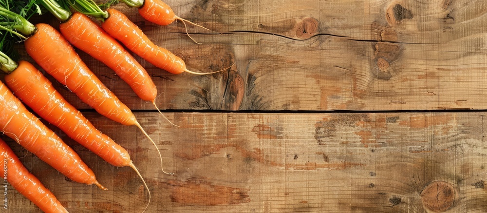 Aufkleber Top view of baby carrots with sauce on a wooden table allowing for text in the copy space image