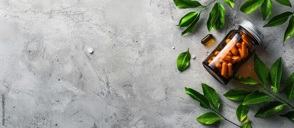 Poster Top view of a bottle containing pills and green leaves positioned on a concrete background with ample copy space image for text integration