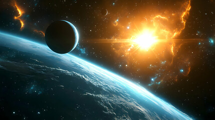 Obraz premium A blue planet with white clouds in the foreground, a bright sun and a dark planet in the background.