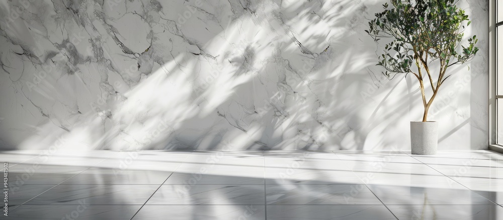 Aufkleber Interior decor with white marble flooring provides a sophisticated backdrop for merchandise display against a studio backdrop wall with light and shadows ideal for a copy space image