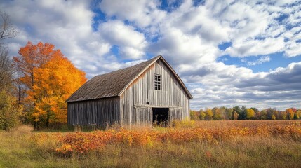 Fototapeta premium An old wooden barn surrounded by autumn foliage, with the sky overhead.