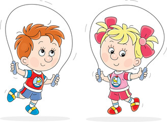 Funny little girl and boy smiling and jumping rope, vector cartoon illustration isolated on a white background