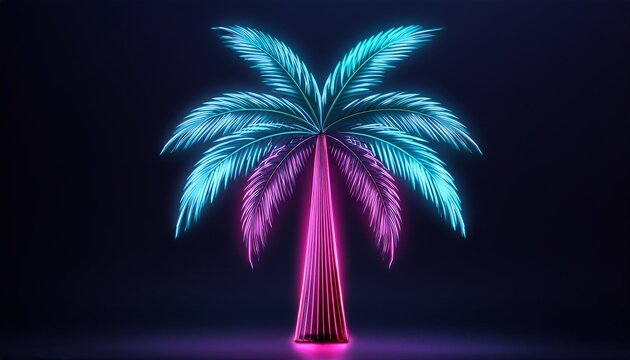 abstract colorful palm tree neon glowing illustration minimalistic neon glowing line design